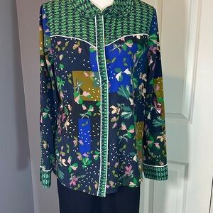 CAbi Vibrant Green and Navy Blouse